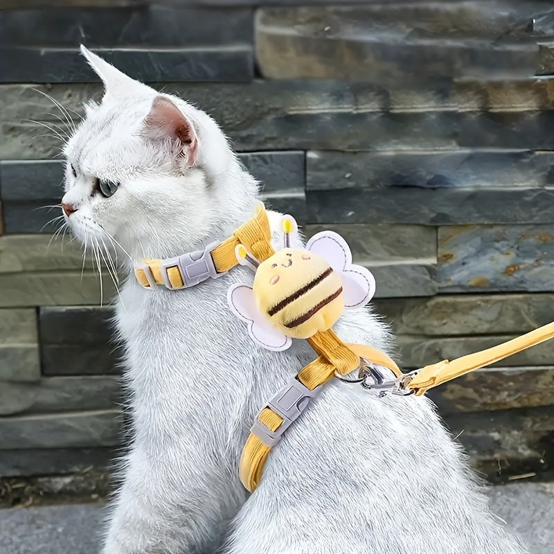 Cat Harness Leash Set With Cute Bee Cat Escape Proof - Adjustable Kitten Harness For Large Small Cats, Lightweight Soft Petsafe Harness Yellow Plaid Bee